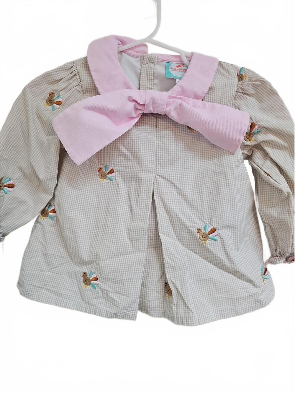 The Smocked Flamingo Embroidered Turkey Long Sleeve Top W/ Corduroy Bow Size 3T